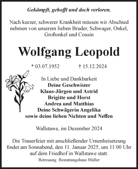 Traueranzeige von Wolfgang Leopold von Volksstimme Altmark West