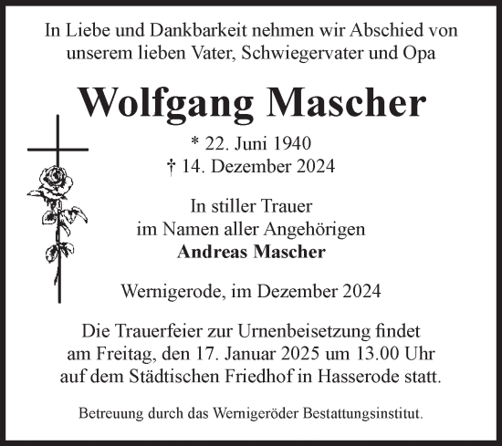 Traueranzeige von Wolfgang Mascher von Volksstimme Wernigerode