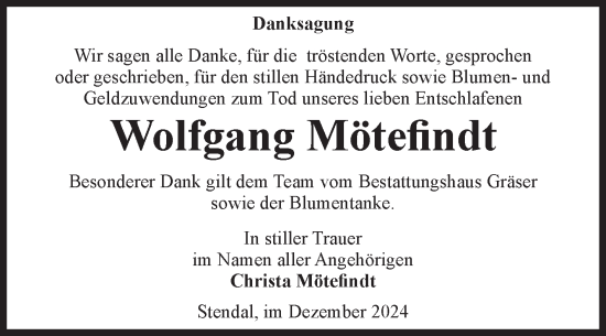 Traueranzeige von Wolfgang Mötefindt von Volksstimme Altmark Ost