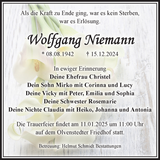 Traueranzeige von Wolfgang Niemann von Volksstimme Magdeburg