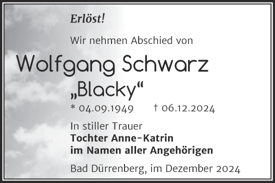 Traueranzeige von Wolfgang Schwarz von Trauerkombi Merseburg