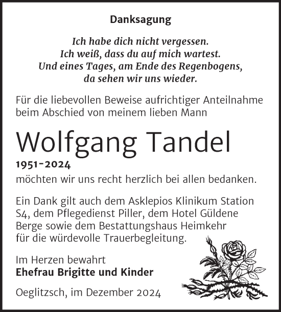 Traueranzeige von Wolfgang Tandel von Trauerkombi Weißenfels