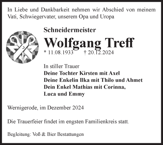 Traueranzeige von Wolfgang Treff von Volksstimme Wernigerode