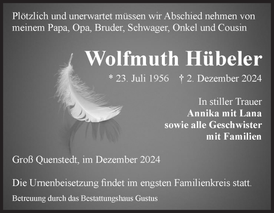 Traueranzeige von Wolfmuth Hübeler von Volksstimme Halberstadt