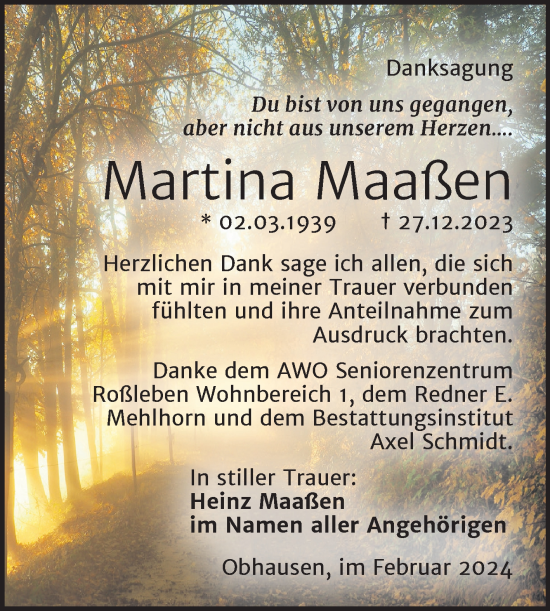 Traueranzeige von Martina Maaßen von Trauerkombi Merseburg