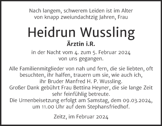 Traueranzeige von Heidrun Wussling von Trauerkombi Zeitz