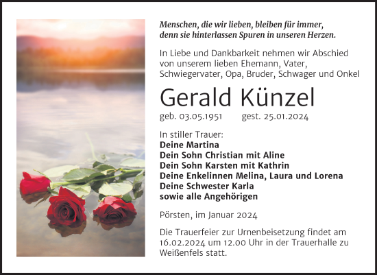 Traueranzeige von Gerald Künzel von Trauerkombi Weißenfels