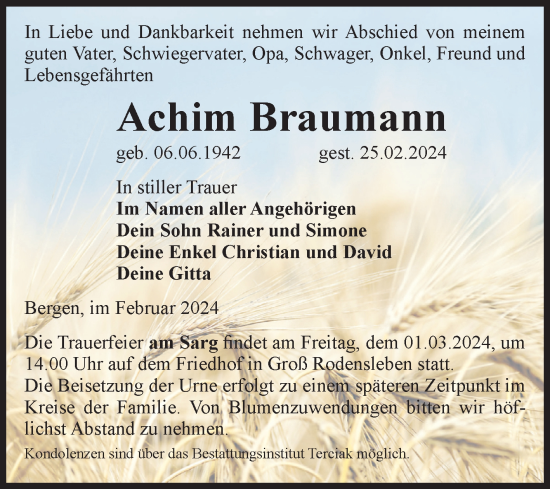 Traueranzeige von Achim Braumann von Volksstimme Oschersleben/Wanzleben