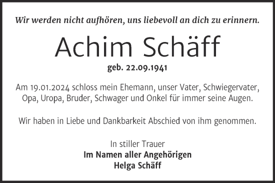 Traueranzeige von Achim Schäff von Trauerkombi Wittenberg