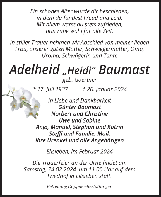 Traueranzeige von Adelheid Baumast von Volksstimme Oschersleben/Wanzleben