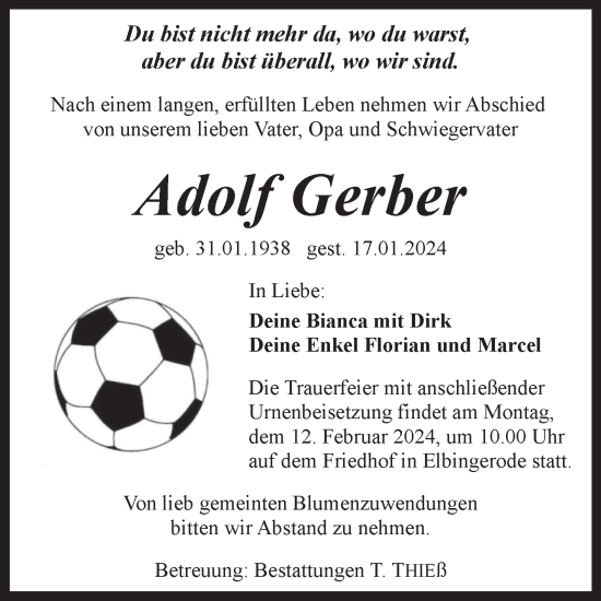 Traueranzeige von Adolf Gerber von Volksstimme Wernigerode