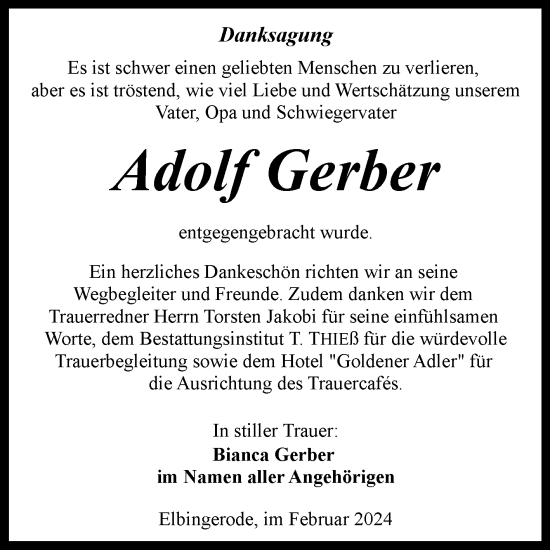 Traueranzeige von Adolf Gerber von Volksstimme Wernigerode