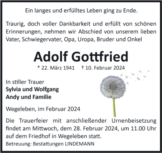 Traueranzeige von Adolf Gottfried von Volksstimme Halberstadt