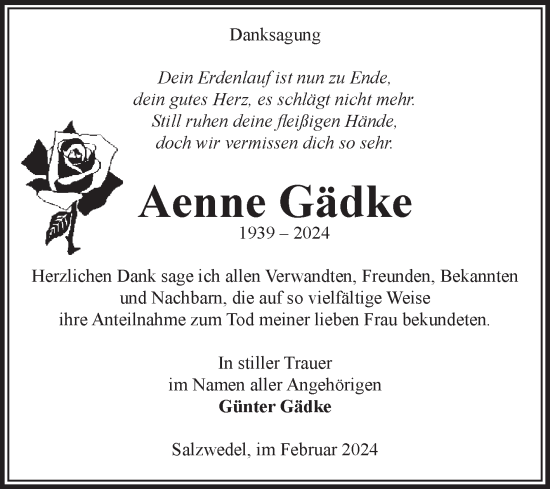 Traueranzeige von Aenne Gädke von Volksstimme Altmark West
