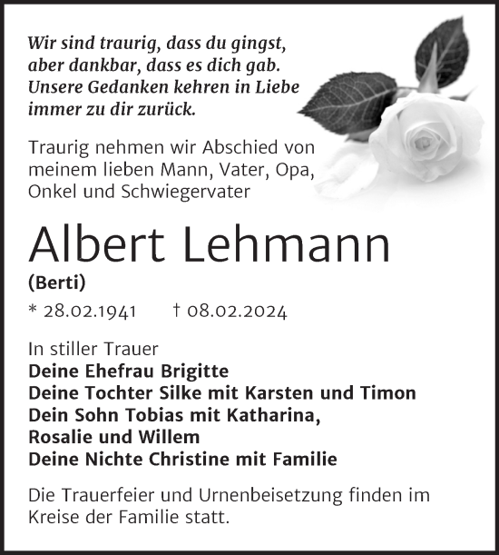Traueranzeige von Albert Lehmann von Trauerkombi Bernburg