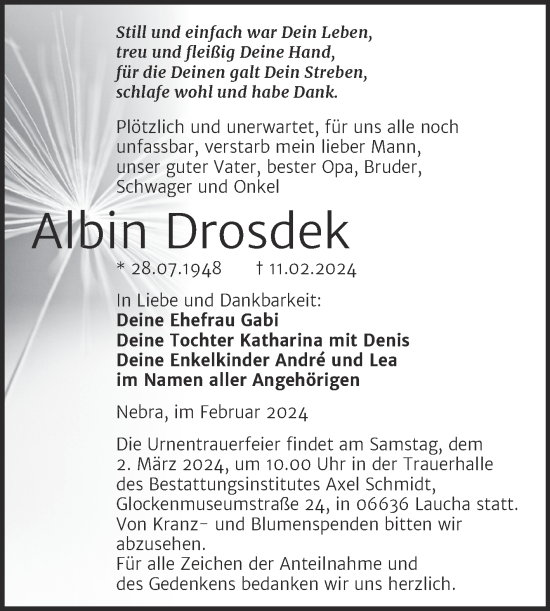Traueranzeige von Albin Drosdek von Super Sonntag Naumburg/Nebra