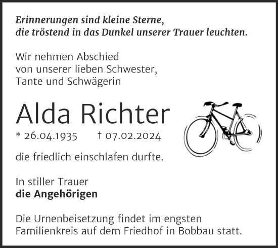 Traueranzeige von Alda Richter von Trauerkombi Bitterfeld