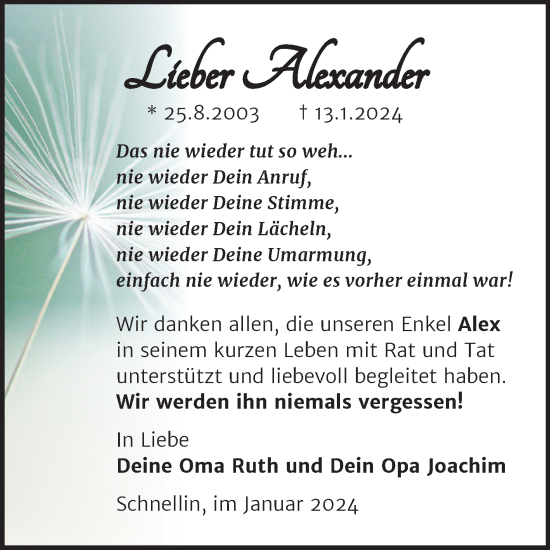 Traueranzeige von Alexander Hübner von Trauerkombi Wittenberg