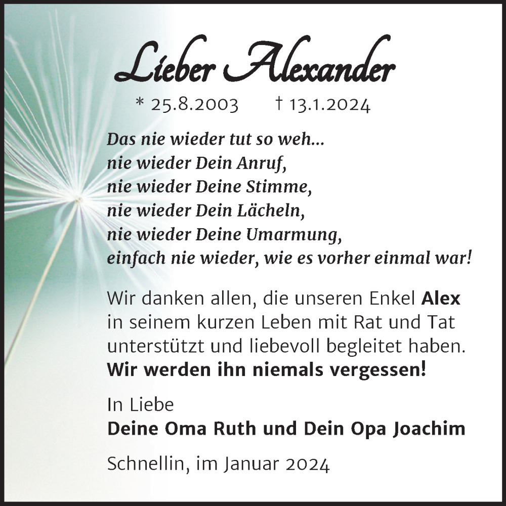  Traueranzeige für Alexander Hübner vom 03.02.2024 aus Trauerkombi Wittenberg