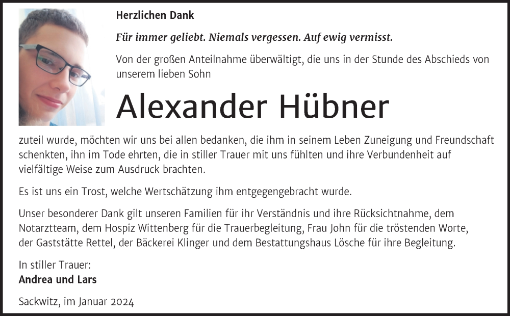  Traueranzeige für Alexander Hübner vom 10.02.2024 aus Trauerkombi Wittenberg