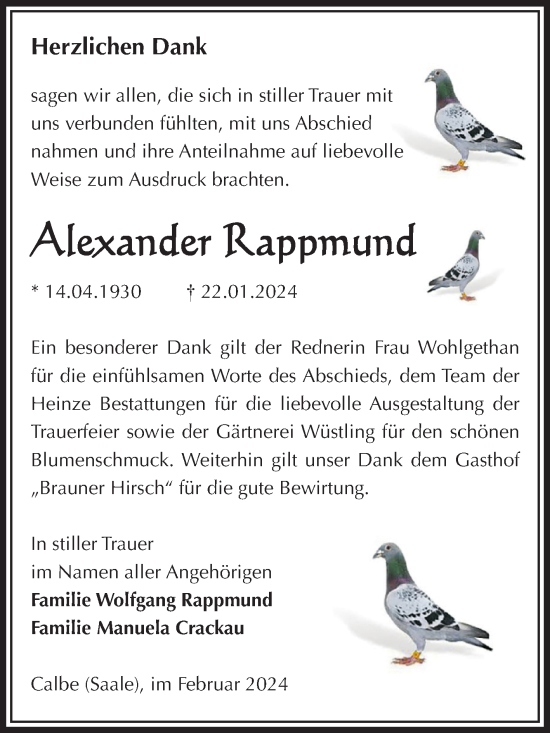 Traueranzeige von Alexander Rappmund von Volksstimme Schönebeck