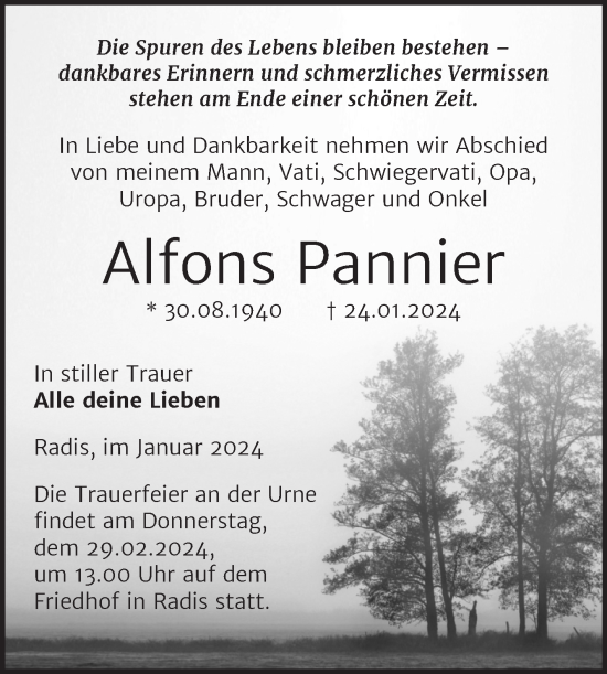 Traueranzeige von Alfons Pannier von Trauerkombi Wittenberg