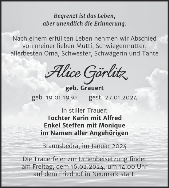 Traueranzeige von Alice Görlitz von Trauerkombi Merseburg