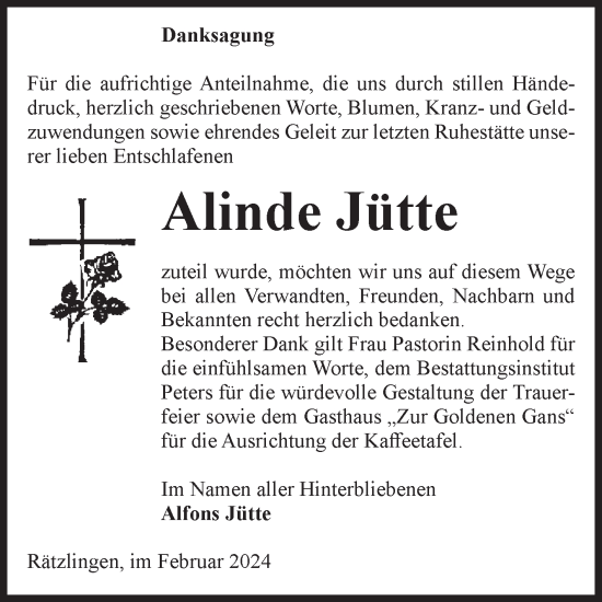 Traueranzeige von Alinde Jütte von Volksstimme Haldensleben/Wolmirstedt