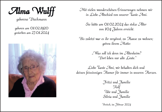 Traueranzeige von Alma Wulff von Volksstimme Altmark Ost