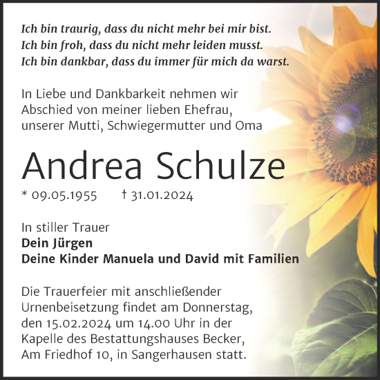 Traueranzeige von Andrea Schulze von Trauerkombi Sangerhausen