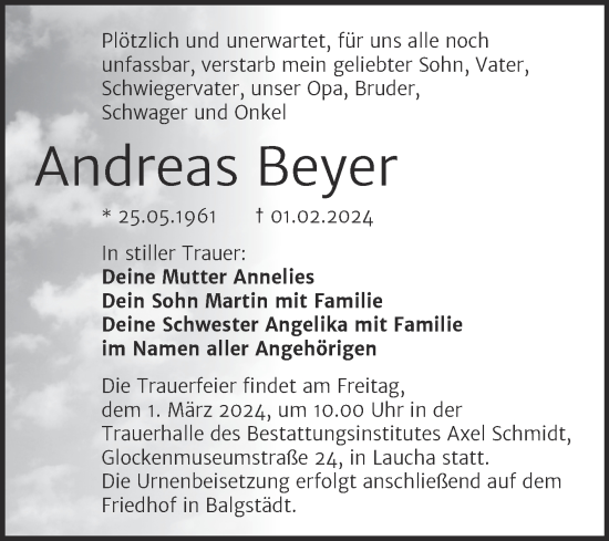 Traueranzeige von Andreas Beyer von Super Sonntag Naumburg/Nebra