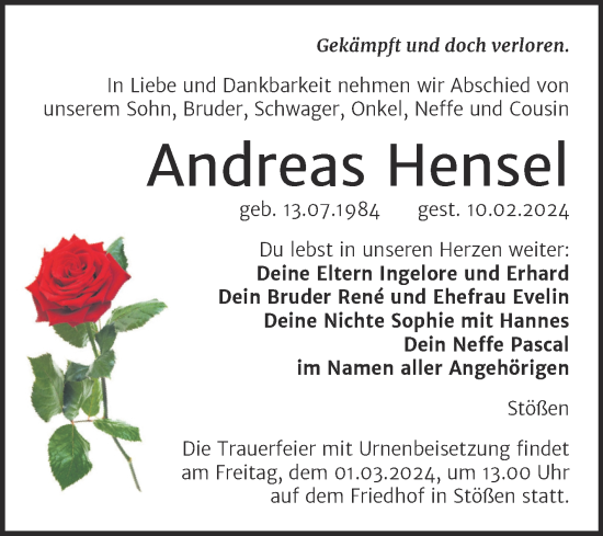 Traueranzeige von Andreas Hensel von Super Sonntag Naumburg/Nebra