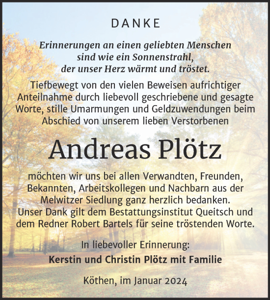 Traueranzeige von Andreas Plötz von Trauerkombi Köthen