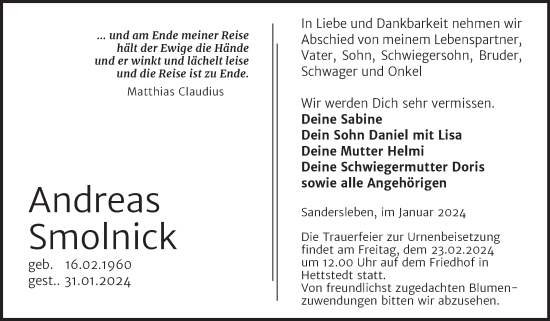 Traueranzeige von Andreas Smolnick von Trauerkombi Mansfelder Land