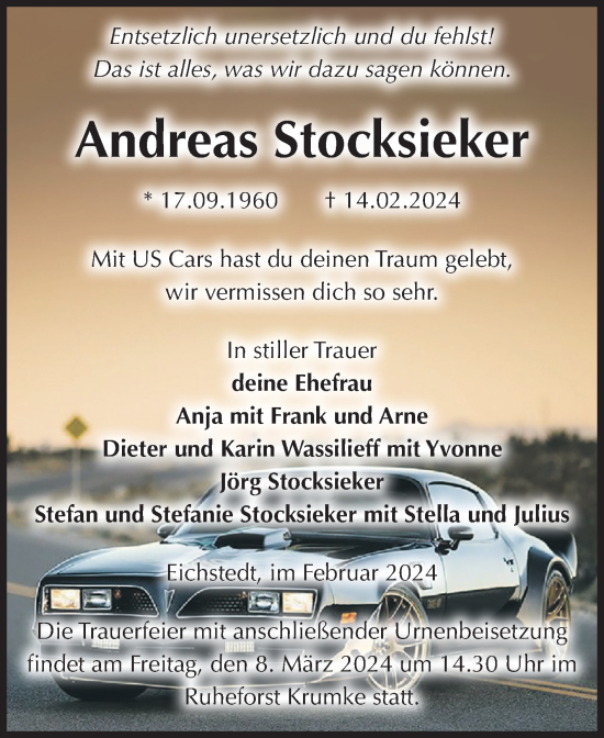 Traueranzeige von Andreas Stocksieker von Volksstimme Altmark Ost