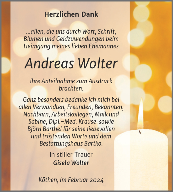 Traueranzeige von Andreas Wolter von Trauerkombi Köthen