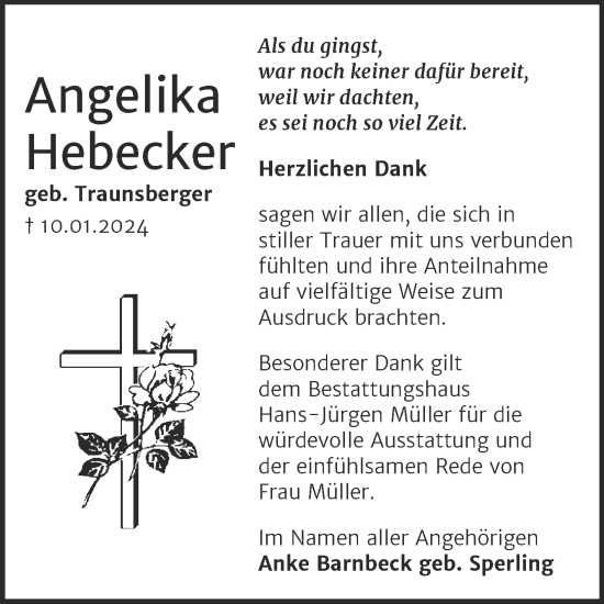 Traueranzeige von Angelika Hebecker von Trauerkombi Aschersleben