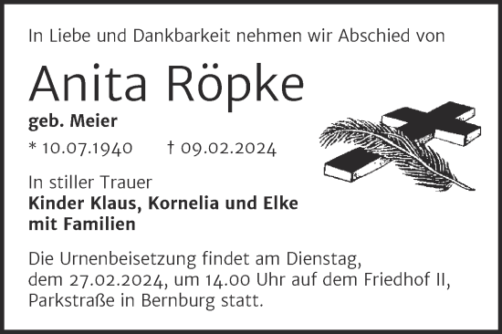 Traueranzeige von Anita Röpke von Trauerkombi Bernburg