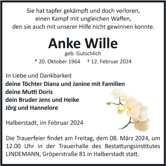 Traueranzeige von Anke Wille von Volksstimme Halberstadt