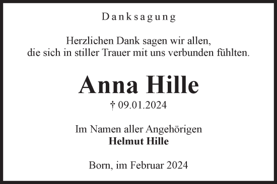 Traueranzeige von Anna Hille von Volksstimme Haldensleben/Wolmirstedt