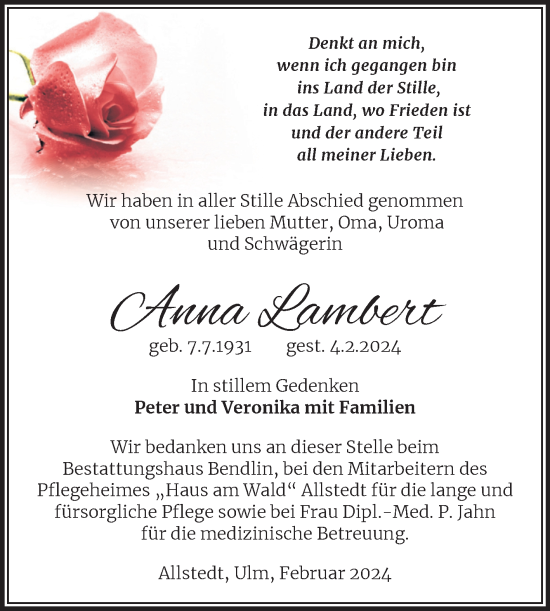 Traueranzeige von Anna Lambert von Trauerkombi Sangerhausen