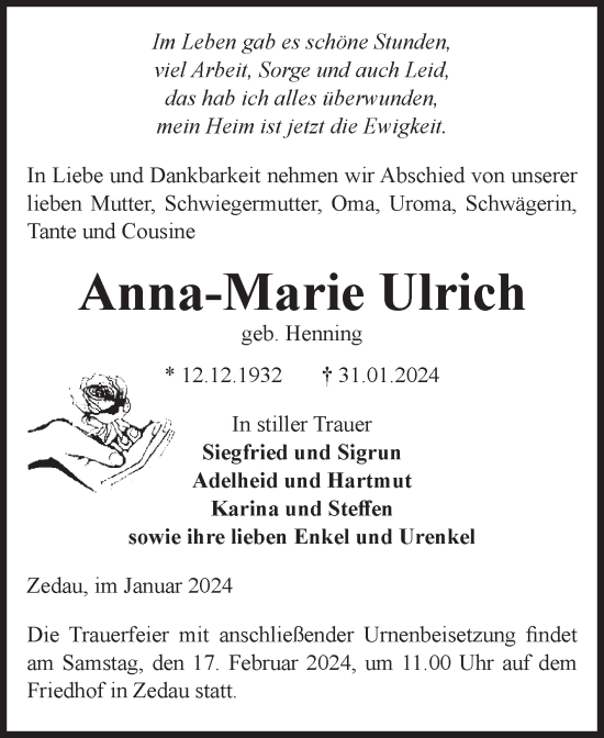Traueranzeige von Anna-Marie Ulrich von Volksstimme Altmark Ost