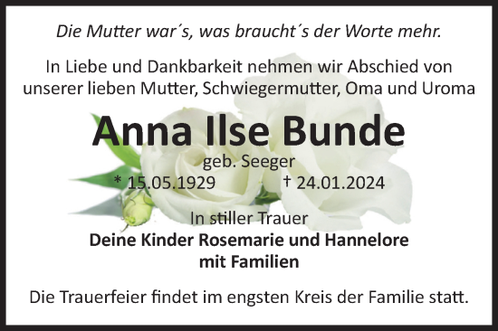 Traueranzeige von Anna Ilse Bunde von Volksstimme Burg/Genthin