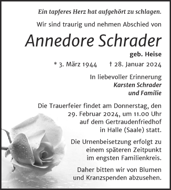 Traueranzeige von Annedore Schrader von Mitteldeutsche Zeitung Halle/Saalkreis