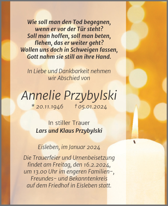 Traueranzeige von Annelie Przybylski von Trauerkombi Mansfelder Land