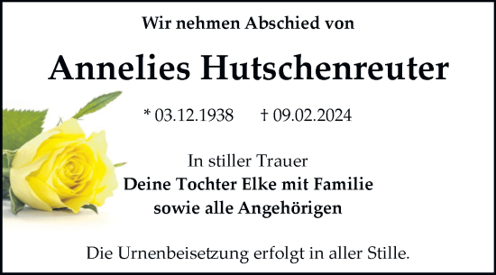 Traueranzeige von Annelies Hutschenreuter von SuperSonntag Bitterfeld