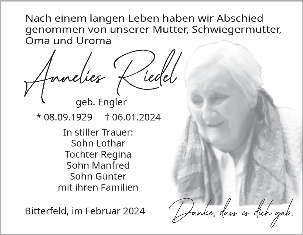  Traueranzeige für Annelies Riedel vom 10.02.2024 aus Trauerkombi Bitterfeld