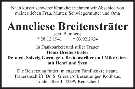 Traueranzeige von Anneliese Breitensträter 