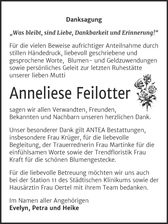 Traueranzeige von Anneliese Feilotter von Trauerkombi Dessau