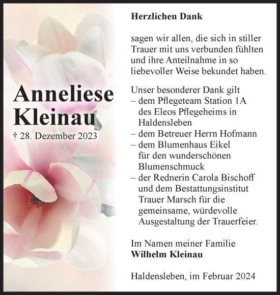 Traueranzeige von Anneliese Kleinau von Volksstimme Haldensleben/Wolmirstedt